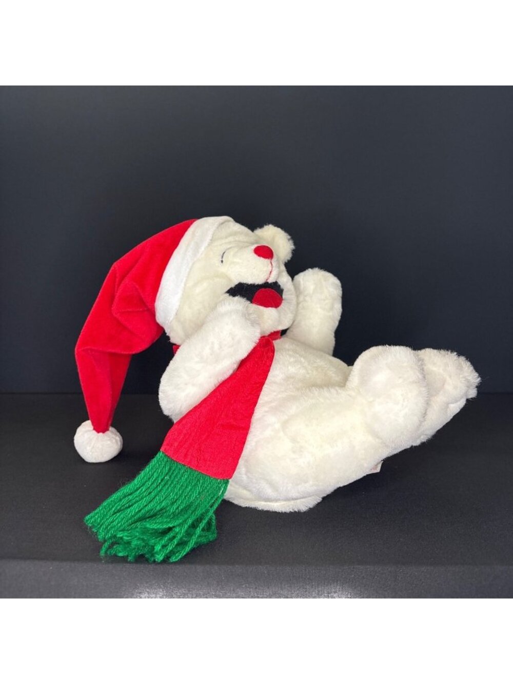 Christmas Laughing Activated Plush Teddy Bear With Santa Hat & Scarf Green Red - Picture 2 of 11